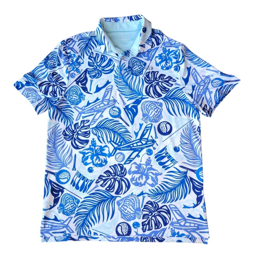 Good Good Golf Men's Approach Me Golf Polo Airplane Fish Tropical Medium